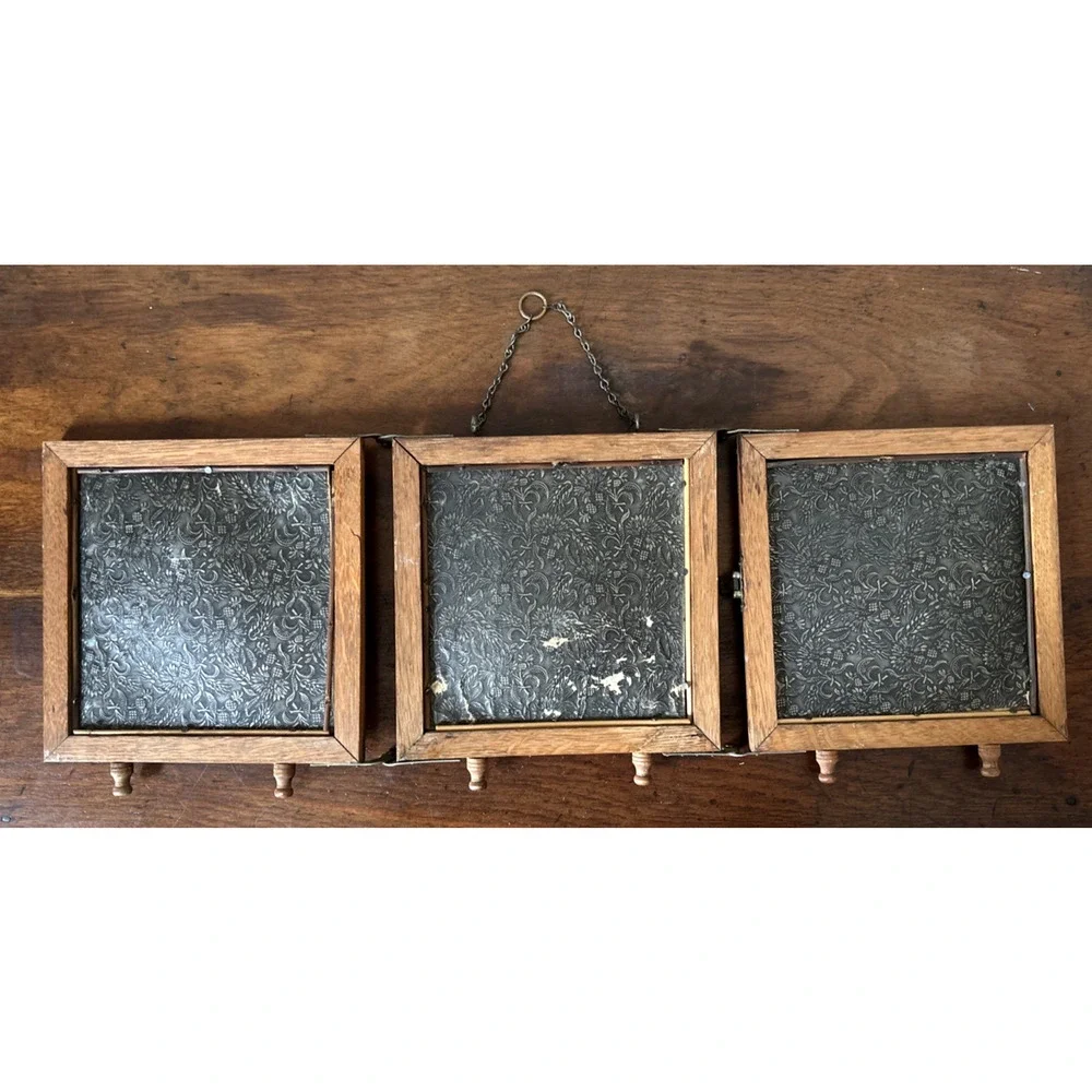 Antique Victorian Oak Tri Fold Shaving Travel Mirror Beveled Glass 23